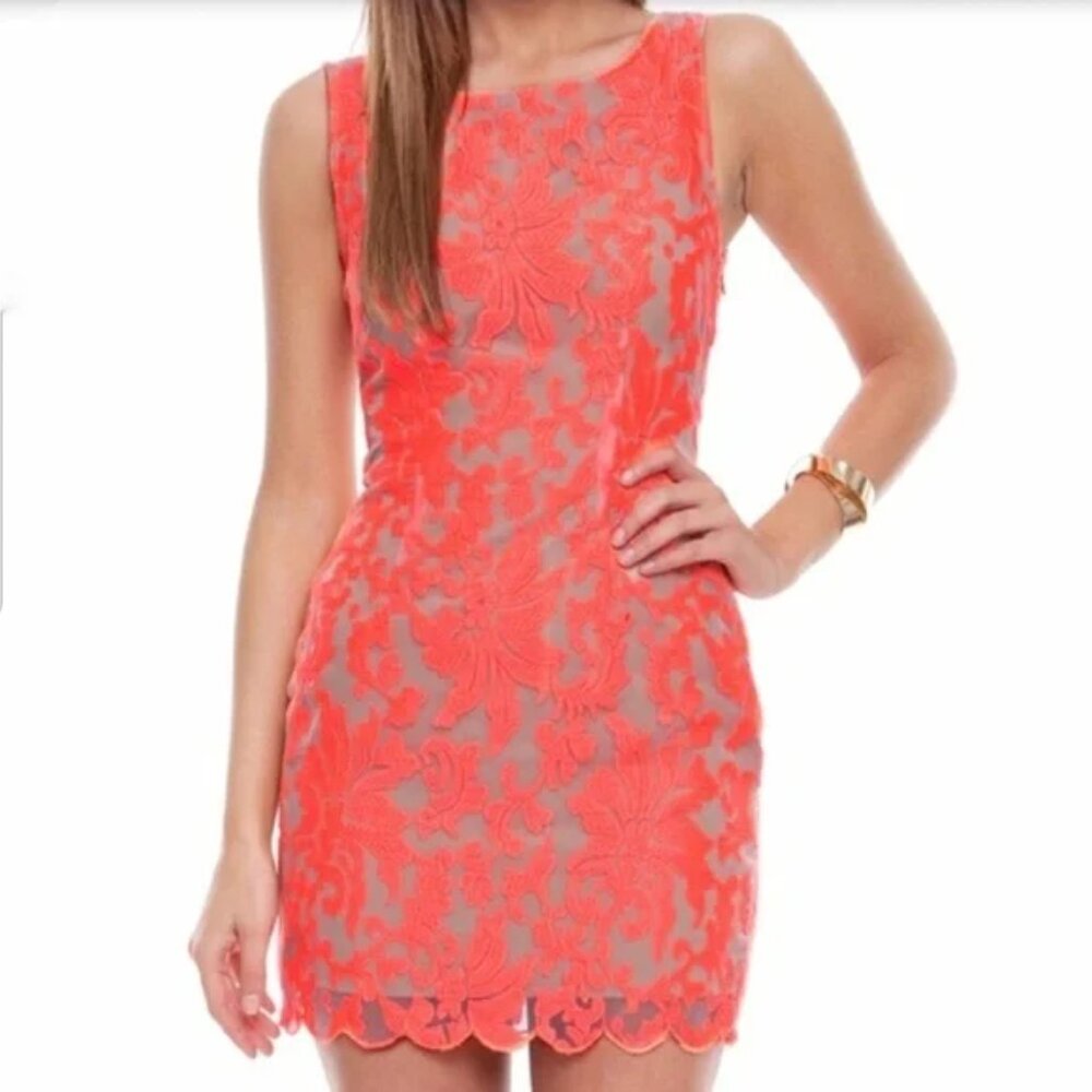 Ladakh Farrow Bodycon Lace Sleeveless‎ Spring Chic Neon Coral Mini Dress 2